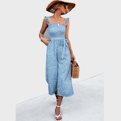 Women Rompers Jumpsuit Floral Printed Sleeveless with Belt S-XL